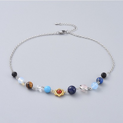 Natural & Synthetic Gemstone Beaded Necklaces, with Iron Cable Chains and 304 Stainless Steel Lobster Claw Clasps