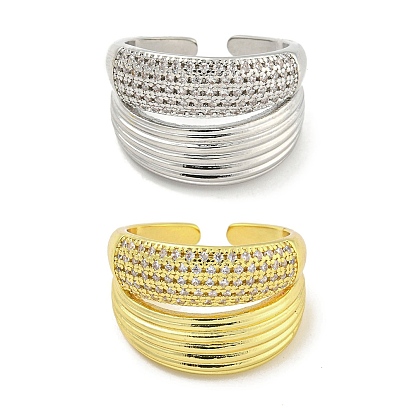 Rack Plating Brass Micro Pave Cubic Zirconia Open Cuff Rings for Women, Long-Lasting Plated, Cadmium Free & Lead Free