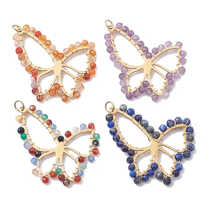 Natural Gemstone Faceted Pendants, 201 Stainless Steel Butterfly Charms, Golden