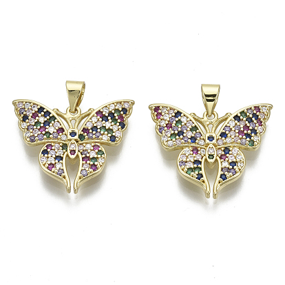 Brass Micro Pave Cubic Zirconia Pendants, with Brass Snap on Bails, Nickel Free, Butterfly, Real 16K Gold Plated