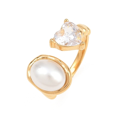 304 Stainless Steel Pave Single Clear Cubic Zirconia Cuff Open Rings, Heart with Oval, with Resin Pearl