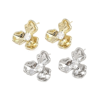 Фурнитура для сережек-гвоздиков из латуни с микропаве из прозрачных кубических цирконий, без свинца, без кадмии и без никеля