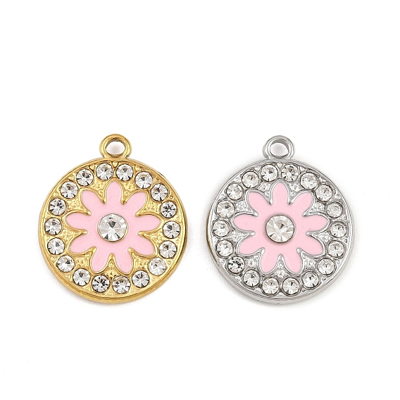 304 подвески из нержавеющей стали с эмалью и стразами, плоские круглые и цветок, ионное покрытие (ip)
