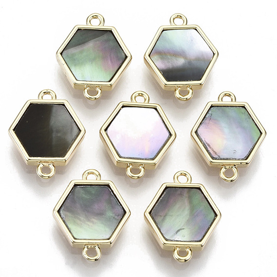 Brass Links, with Black Lip Shell, Nickel Free, Real 18k Gold Plated, Hexagon