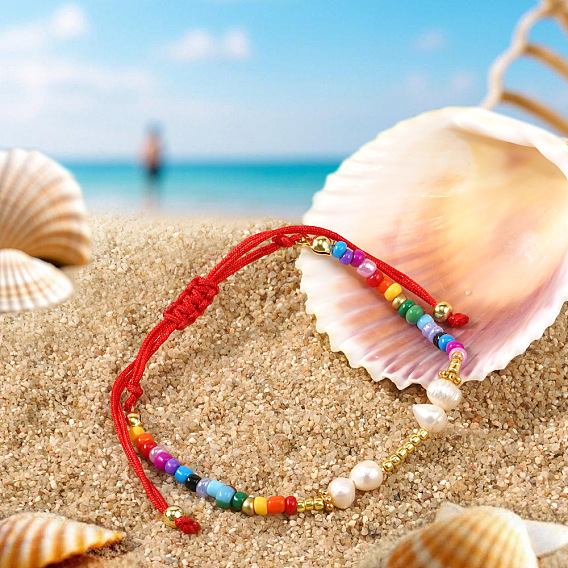 Bracelets de perles tressées en perles de verre et perles rondes d'imitation perle, Bracelets ajustables en fil de nylon tressé pour femmes