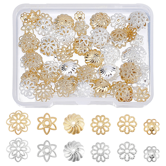 120Pcs 12 Style Brass Bead Caps, Long-Lasting Plated, Flower
