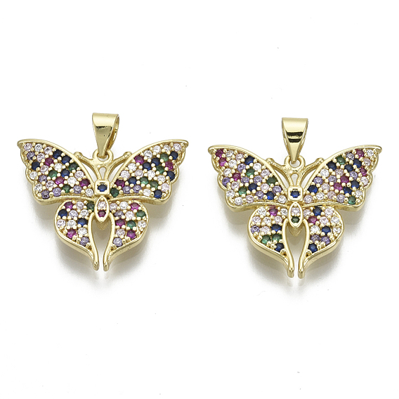 Brass Micro Pave Cubic Zirconia Pendants, with Brass Snap on Bails, Nickel Free, Butterfly, Real 16K Gold Plated