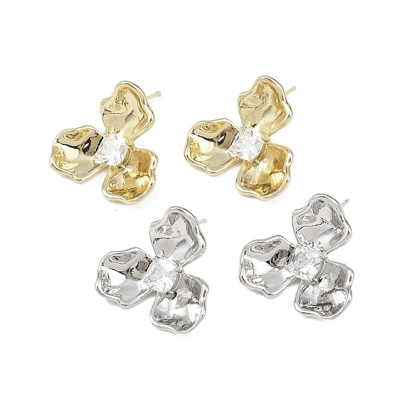 Фурнитура для сережек-гвоздиков из латуни с микропаве из прозрачных кубических цирконий, без свинца, без кадмии и без никеля
