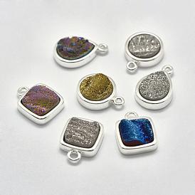 Electroplated Natural Druzy Agate Pendants, with Brass Findings, Mixed Shape, Platinum