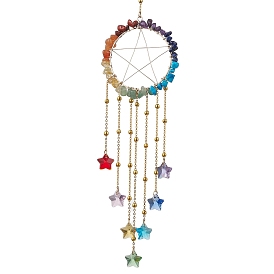 7 anillo con chip de piedras preciosas envuelto en alambre de chakra y adornos con colgante de estrella, borla de estrella de cristal para decoración del hogar