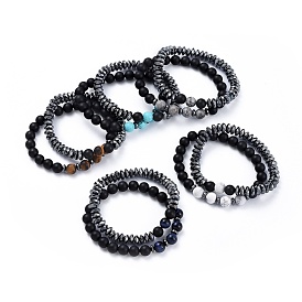Gemstone Beads Stretch Bracelet Sets, with Non-magnetic Synthetic Hematite Beads, Natural Black Agate(Dyed) Beads and Burlap Drawstring Bags