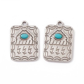 Synthetic Turquoise Pendants, Rectangle Charms with Moon, with Rack Plating Alloy Findings