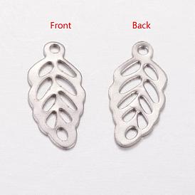 304 Stainless Steel Pendants, Leaf Charms, 13x6x0.5mm, Hole: 1mm