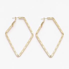 Brass Hoop Earrings, Long-Lasting Plated, Textured, Rhombus