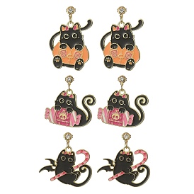 Halloween Theme Alloy Enamel Cat Dangle Stud Earrings with Brass Pins, Clear Cubic Zirconia Earrings