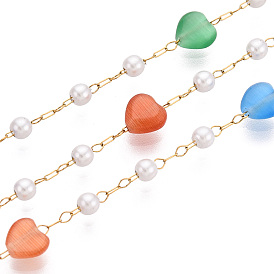 Цепочки из стеклянных сердечек ручной работы, с имитацией жемчуга из АБС-пластика и 304 нержавеющей стали, для ожерелья браслеты решений, ионное покрытие (ip), пайки, с катушкой, реальный 18 k позолоченный