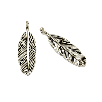 Tibetan Style Alloy Feather Pendants, Cadmium Free & Lead Free, 30x9x4mm, Hole: 2mm, about 263pcs/500g