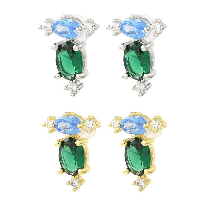 Oval Brass Stud Earrings, with Cubic Zirconia, Long-Lasting Plated, Lead Free & Cadmium Free