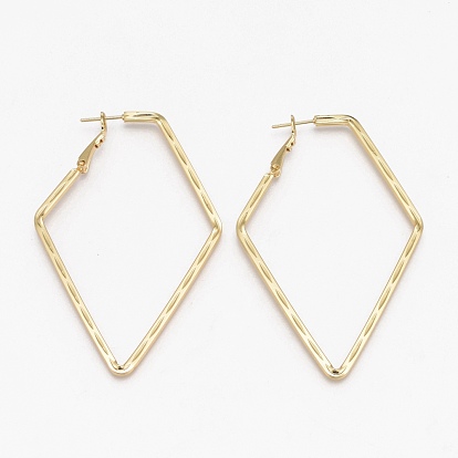 Brass Hoop Earrings, Long-Lasting Plated, Textured, Rhombus