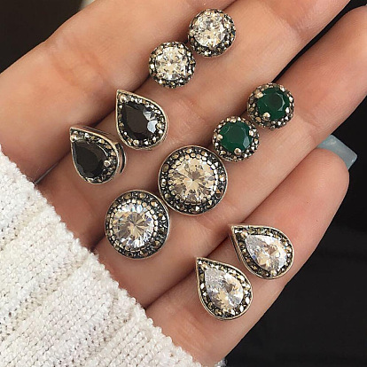 Vintage 5 Pairs Gemstone Crystal Drop Shape Bohemian Stud Earrings For Women