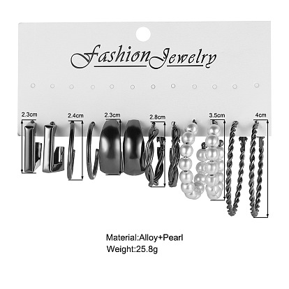 6-Piece Set of Creative C-Shape Geometric Earrings with Twisted Pearl and Metal Accents