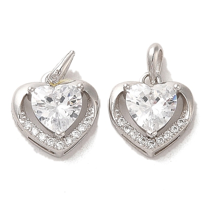 Brass Cubic Zirconia Pendents, with Glass, Long-Lasting Plated, Heart
