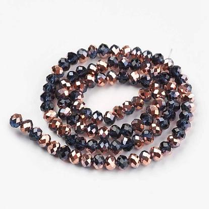 Electroplate Transparent Glass Beads Strands, Half Copper Plated, Faceted, Rondelle