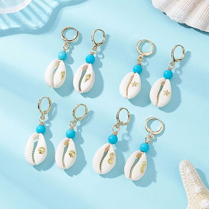 Серьги с застежкой-русалкой из синтетической бирюзы и ракушек, формы раковины, с фурнитурой для сережек из сплава и латуни, золотые