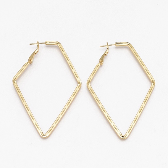 Brass Hoop Earrings, Long-Lasting Plated, Textured, Rhombus