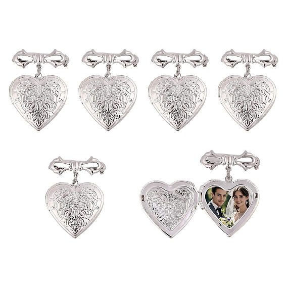 6Pcs Heart & Bowknot Brass Locket Brooches