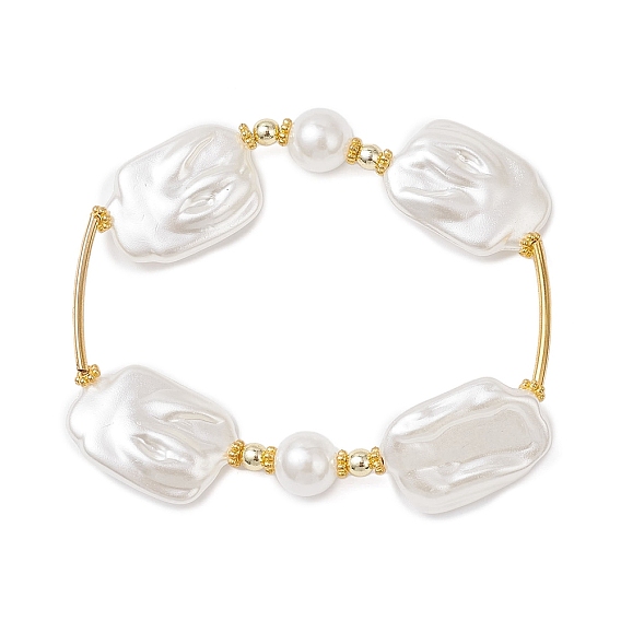 Прямоугольные эластичные браслеты из АБС-пластика с имитацией жемчуга, с латунными трубчатыми бусинами