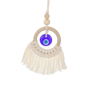 Handmade Macrame Cotton Threads & Wood Ring Hanging Ornaments, Handmade Lampwork Evil Eye Charms for Home Door Wall Decoration