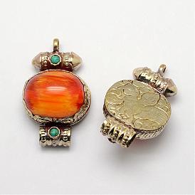 Tibetan Style Pendants, Resin Imitation Beeswax, with Synthetic Turquoise and Antique Golden Brass Findings