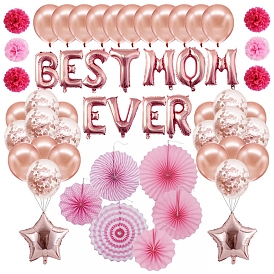 Mother's Day Theme Party Decoration Kit, Including Paper Fan, Word Best Mom Ever & Flower Balloon, Gold Cord, Balloon Glue for Party Background Decoratio