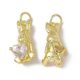 Rack Plating Brass Cubic Zirconia Pendants, with Jump Ring, Real 18K Gold Plated, Long-Lasting Plated, Cadmium Free & Nickel Free & Lead Free, Rabbit with Heart Charm