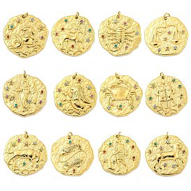 Real 18K Gold Plated Vacuum Plating 304 Stainless Steel Pendants, with Rhinestone and Jump Ring, Flat Round with Twelve Constellations Charms