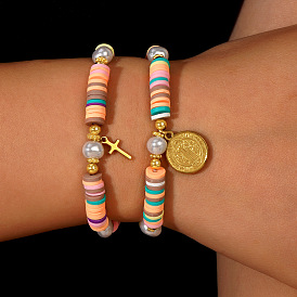 Браслеты с подвесками из нержавеющей стали в богемном стиле, Браслеты из полимерной глины, бусины хейши, эластичные для женщин, с имитацией жемчуга