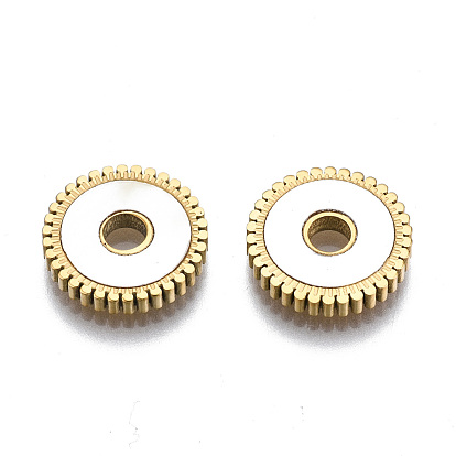 304 Stainless Steel Spacer Beads, with Shell, Flat Round with Gead Edge, Seashell Color