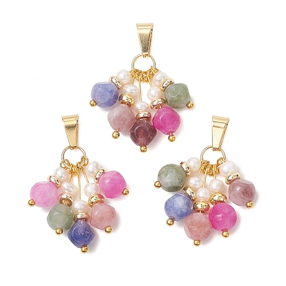 Natural Multicolor Tourmaline and Pearl Pendants, Dice Beads Tassel Charms, Golden