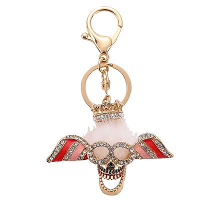 Skull with Crown & Wing Pendant Keychain, Alloy Rhinestone & Enamel & Wool Keychain with Lobster Claw Clasp