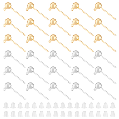 60шт 2 стиль латунный шарообразный гвоздик для серьги с горизонтальными петлями, Фурнитура для сережек-пусетов со штифтами из нержавеющей стали, 100 гайки ушные пластиковые