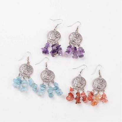 Pendientes de la lámpara de piedras preciosas naturales, con los hallazgos de aleación y los ganchos del pendiente de bronce, 61 mm, pin: 0.6 mm