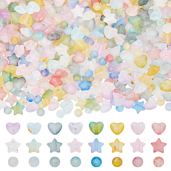 1200Pcs 24 Styles Frosted Acrylic Beads, Heart & Star & Round, with Gold Foil, Gradient Color