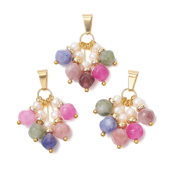 Natural Multicolor Tourmaline and Pearl Pendants, Dice Beads Tassel Charms, Golden