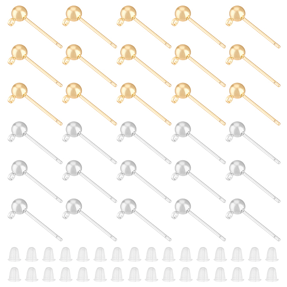 60шт 2 стиль латунный шарообразный гвоздик для серьги с горизонтальными петлями, Фурнитура для сережек-пусетов со штифтами из нержавеющей стали, 100 гайки ушные пластиковые