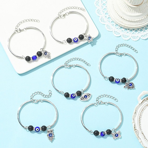 Zinc Alloy Charm Bangles for Women, with Handmade Evil Eye & Tibetan Style Alloy Bead Frames