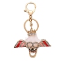 Skull with Crown & Wing Pendant Keychain, Alloy Rhinestone & Enamel & Wool Keychain with Lobster Claw Clasp