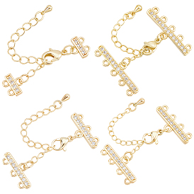 4 piezas 4 estilos extremos de latón con micro pavé de circonita cúbica transparente con cadenas, con cierres de mosquetón y extensión de cadena trenzada