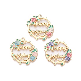 Rack Plating Alloy Enamel Pendants, Cadmium Free & Nickel Free & Lead Free, Light Gold, Flower with Word Happy Holidays