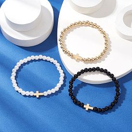 3Pcs 3 Styles CCB Plastic Beads & Opaque Acrylic Beads & ABS Plastic Imitation Pearl Round Beads Stretch Bracelet Set, Cross Jewelry Bracelets for Women Men